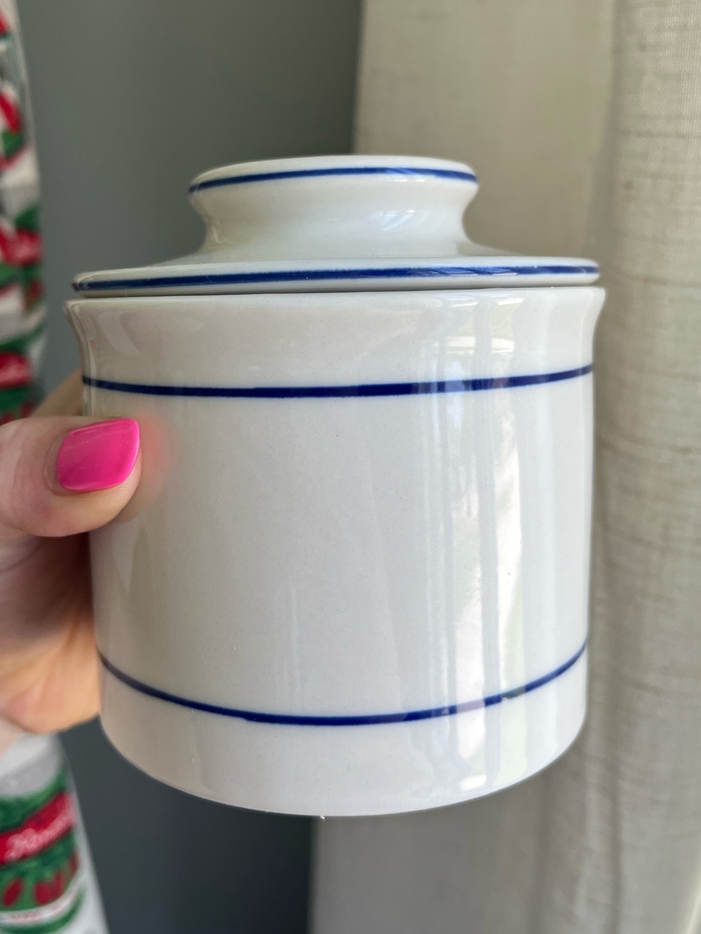 Super Cute Vintage Navy Stripe + off white ceramic butter bell